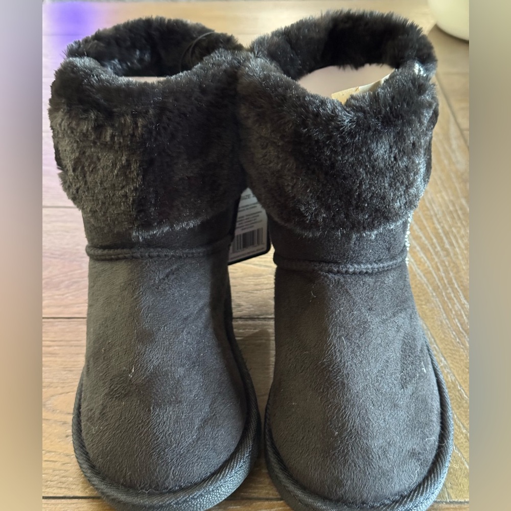 Bebe Black Fur Boots with Rhinestone Accents
